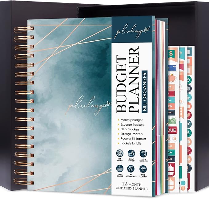 PLANBERRY Large Budget Planner & Monthly Bill Organizer with Pockets – Budgeting Book, Finance & Expense Tracker, 8.3x9.4″ (Ocean Depths)
