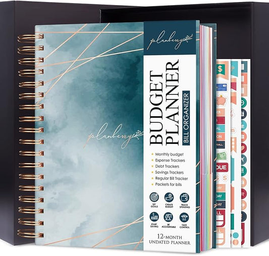 PLANBERRY Large Budget Planner & Monthly Bill Organizer with Pockets – Budgeting Book, Finance & Expense Tracker, 8.3x9.4″ (Ocean Depths)