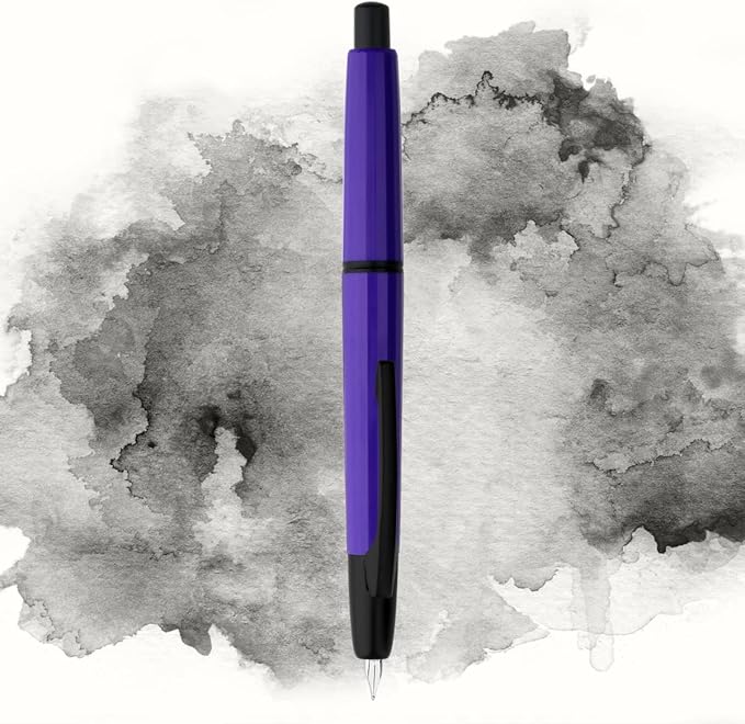 Majohn A2 Press Fountain Pen Extra Fine Nib with Box, Retractable Purple Resin Ink Pen with Converter Writing Set (Black Clip Version）