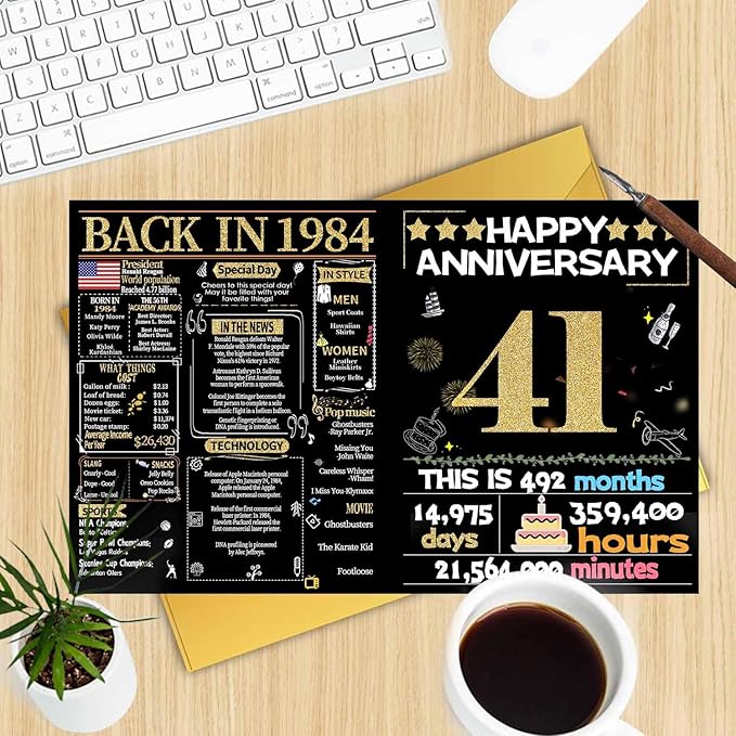 Joycard 41st Anniversary Card for Women Men, Gold Wedding Card for Wife Husband, Sweet Marriage Decorations Gifts for Couple, Perfect for Her Him on Anniversary Day, Back in 1984