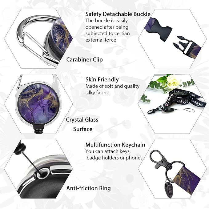 ID Badge Holder with Breakaway Lanyard, Retractable Badge Reel Name Tag, Cute Funny Purple Marble Lanyards for ID Badges Ajustable, Teacher Nurse Work Office Gifts