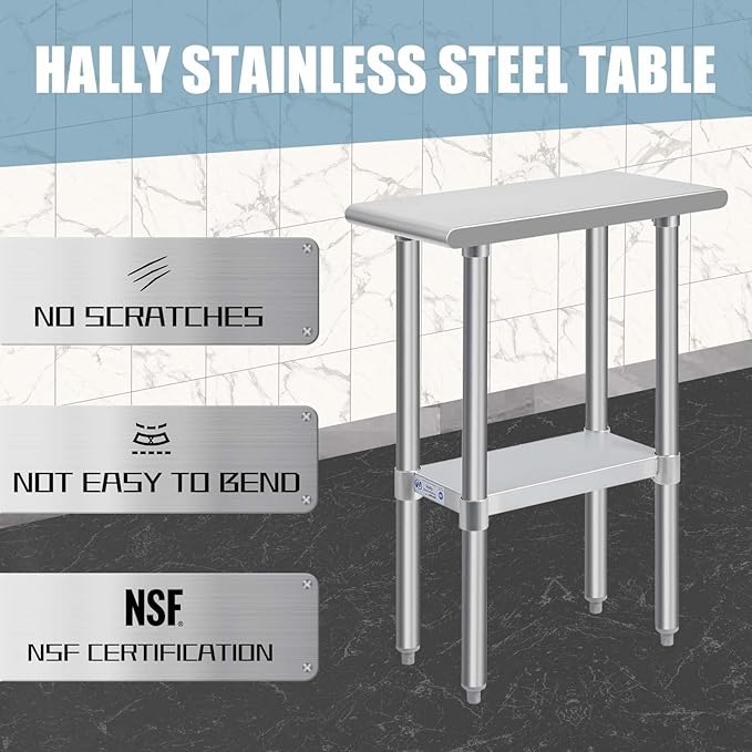 Hally Stainless Steel Table for Prep & Work 24 x 12 Inches, NSF Commercial Heavy Duty Table with Undershelf and Galvanized Legs for Restaurant, Home and Hotel