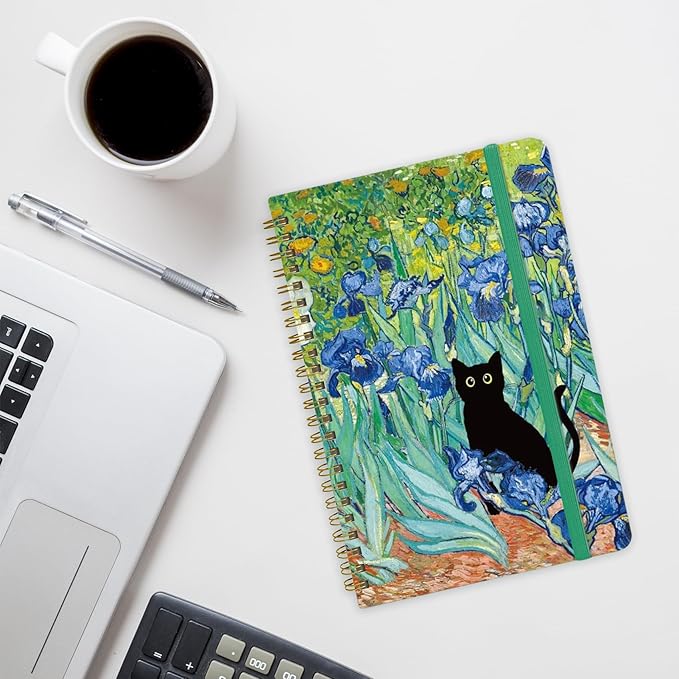 Yoiilifee Spiral Notebook - A5 Spiral Notebooks, 8.3'' × 5.8'', 160 Pages, Aesthetic Journaling Notebooks for Women, College Lined Notebook with Elastic Closure, Back Pocket, for School Office, CatB