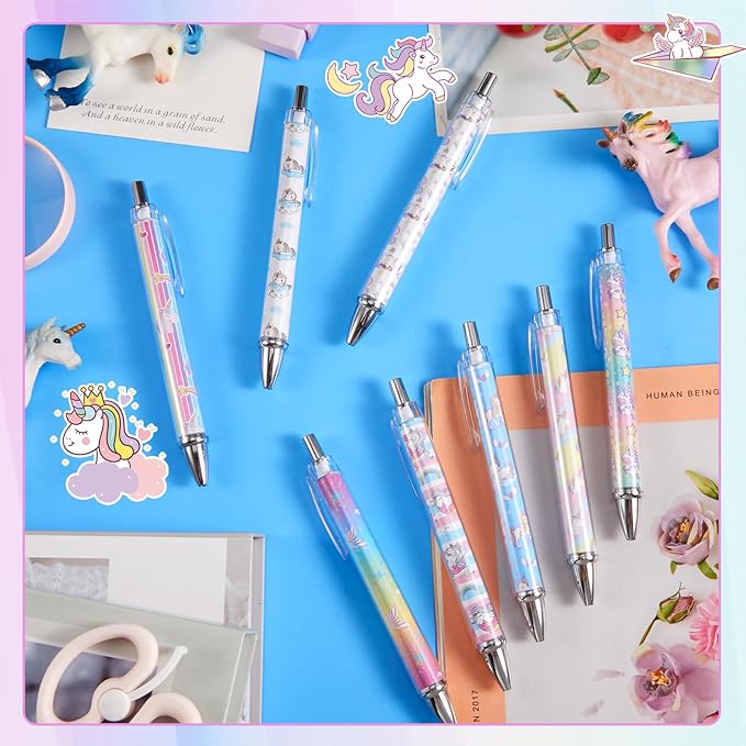 Ireer 8 Pcs Ballpoint Pens for Women 1.00 mm Cute Black Ink Fancy Pens Fine Point Smooth Writing for Journaling Aesthetic Office Supplies(Unicorn)