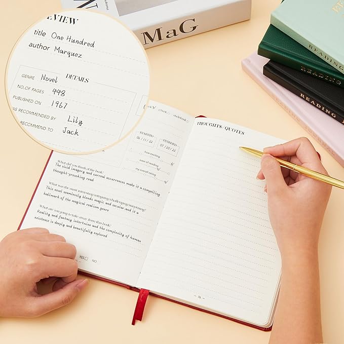 Reading Journal Book Lovers Gifts Book Journal Hardcover Leather For Readers Review and Track Your Reading with 65 Book Reviews, 5.8”x8.3”,Khaki