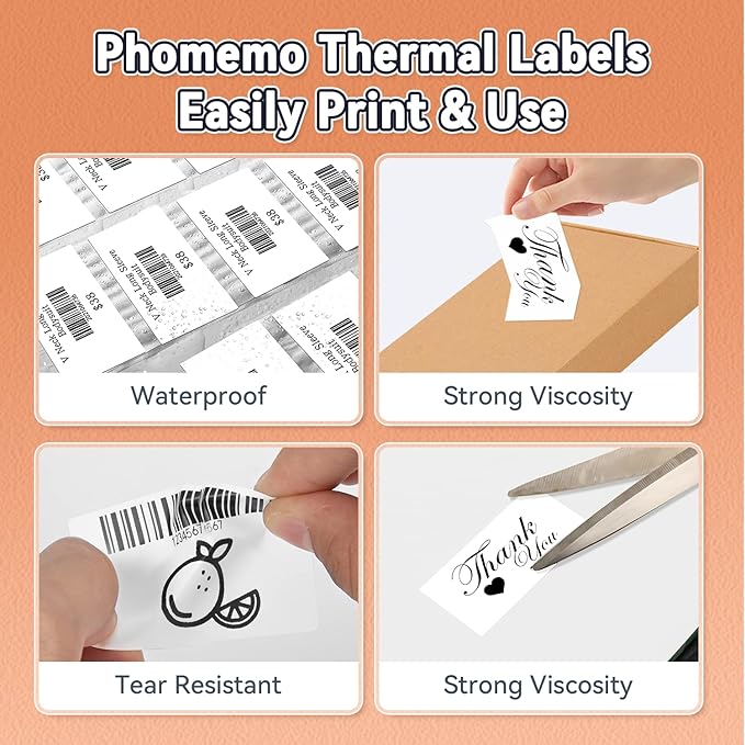 Phomemo Thermal Labels, Address Barcode Thermal Stickers for M220/M221/M200/M250 Label Printer Machine, 2.75"x1.57"(70x40mm),180 Labels/Roll, for Barcode/Address/Mailing/Logo,Black on White