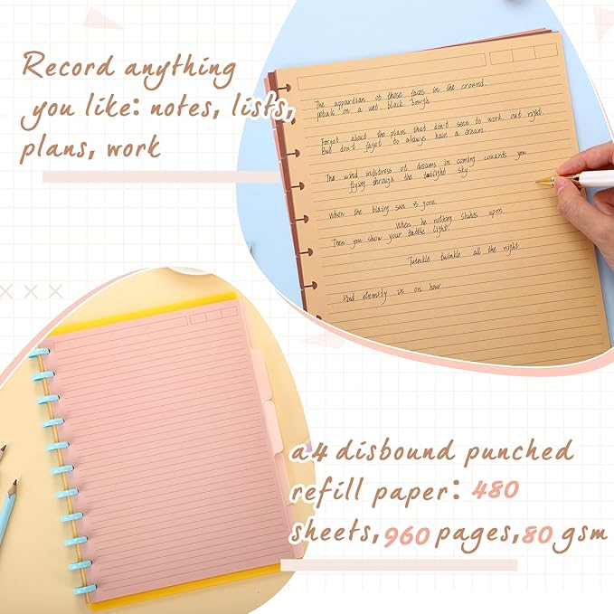 PerKoop 12 Pack 480 Sheets Colored Discbound Refill Paper 8.5 x 11 Inch College Ruled 11 Disc Letter Size Lined Paper Multicolored Refill Notebooks Disc Paper for Refill Paper Journaling (Nutty Color)