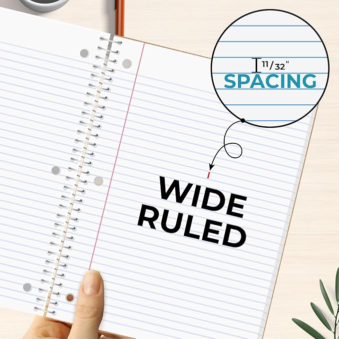 Spiral Notebooks, 12 Pack, 1 Subject Notebook, Wide Ruled, 70 Sheets, 8 x 10-1/2", 3 Hole Punched, School Supplies, Bulk Single Subject Spiral Notebook Bulk, Assorted Colors Pack of Notebooks