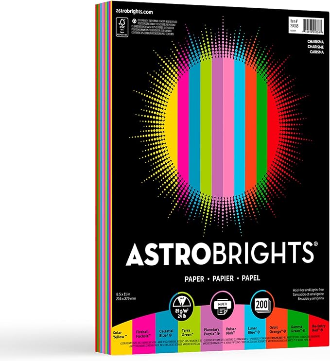 Neenah Astrobrights® Bright Color Paper, Letter Size Paper, 24 Lb, FSC Certified, Assorted Mini Pack, Pack Of 200 Sheets