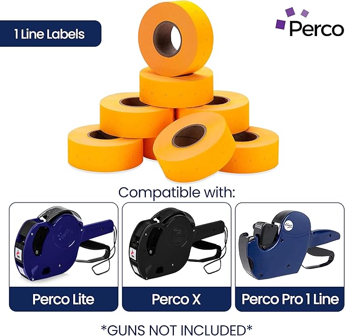 Perco 1 Line Fluorescent Orange Labels - 8 Rolls, 1 Sleeve, 8,000 Blank Price and Date Gun Labels for Perco 1 Line Price and Date Guns - Made in USA