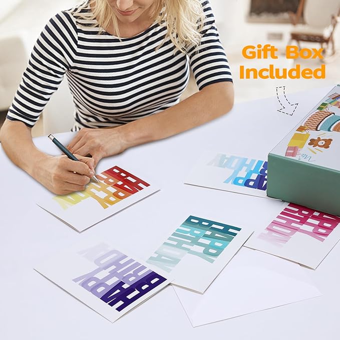 102 Pack Happy Birthday Cards Bulk Box Set with Envelopes 4 x 6 inch, Blank Inside, 6 Designs for Students, Work, Office, Colorful Ombre Font (Plus 102 Pack Envelopes)