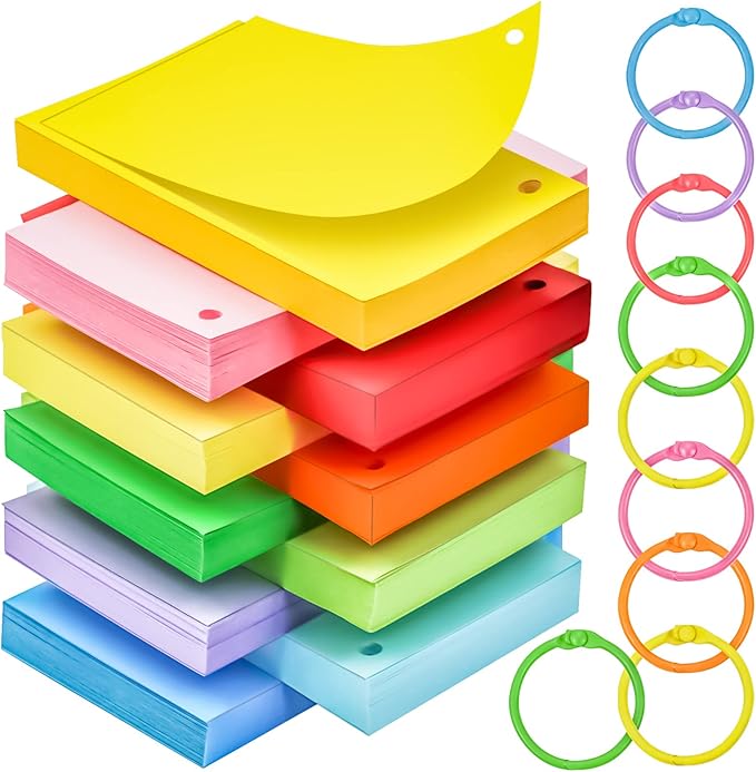 MotBach 600 Pieces Index Cards Flash Cards with Colorful Binder Rings,3" x 5", 10 Color Assorted Color Blank Punched Memo Note Cards Unlined Study Record To Do List for Home School Office Supplies