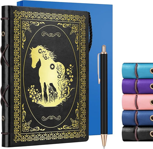 Black A5 Horse Gifts for Women Girls Faux Leather Vintage Notebook Inspirational Horse Trainer Gift Hardcover Executive Notebook,200 Pages 120 Gsm Thick Ruled Paper With Pen,Horse Lover Gifts Equestrian Gift (Horse Black)