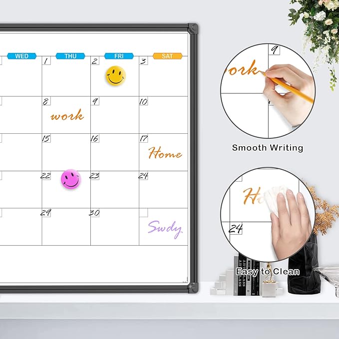 JILoffice Dry Erase Calendar Whiteboard - Magnetic White Board Calendar Monthly 36 X 24 Inch, Black Aluminum Frame Wall Mounted Board for Office Home and School