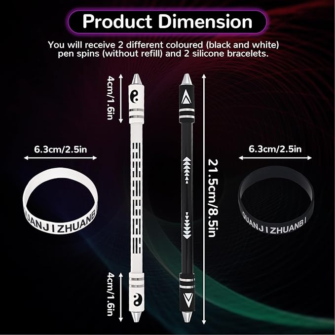 2 Colors Pen Spinning with Silicone Bracelet, Metal Heads Gaming Finger Pen, 8.5In Weighted Rotating Ballpoint Pen, Spinning Pen for Student Adults, No Pen Refill (Black,White)