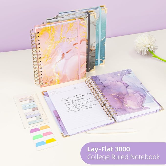 A4 Spiral Notebooks for Work, 300 Pages Lined Spiral Journal Notebook, 5 Subject College Ruled Journals for Writing, 11”x9.25''Journaling Notebooks for School Office Supplies (Purple Marble)