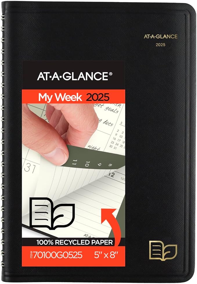 AT-A-GLANCE 2025 Appointment Book Planner, Weekly & Monthly, 5" x 8", Small, Hourly, Recycled, Black (70100G0525)