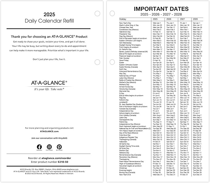 AT-A-GLANCE 2025 Desk Calendar Refill, Daily, 4-1/2" x 8", Large, Loose-Leaf (E2105025)