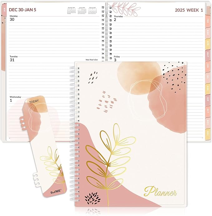 SUNEE 2025 Weekly and Monthly Planner - from January 2025 - December 2025, 8.5"x11" Daily Agenda Planner with Monthly Tab, Flexible Cover, Note Pages, Pockets, Bookmark, Spiral Binding, Pink Breeze