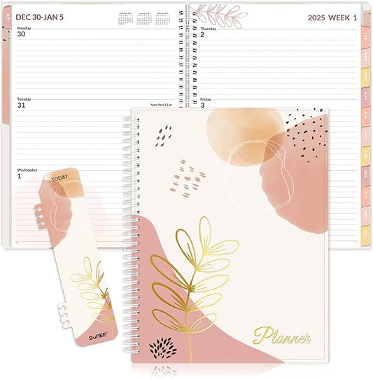SUNEE 2025 Weekly and Monthly Planner - from January 2025 - December 2025, 8.5"x11" Daily Agenda Planner with Monthly Tab, Flexible Cover, Note Pages, Pockets, Bookmark, Spiral Binding, Pink Breeze