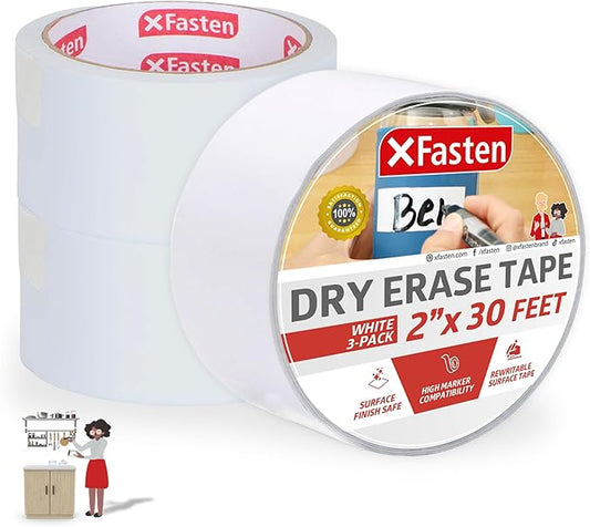 XFasten Dry Erase Tape White 2-Inch x 30-Feet (3-Pack 90 Feet Total) Zero Smudging Ghosting-Free Whiteboard Tape, Reusable Dry Erase Labels for Storage Bins, Sentence Strips for Teachers