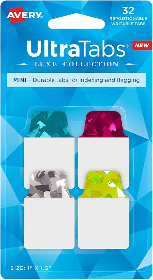 Avery Mini Ultra Tabs, 1" x 1.5", Holographic Jewel Tone Colors, 32 Repositionable Page Tabs (74146)