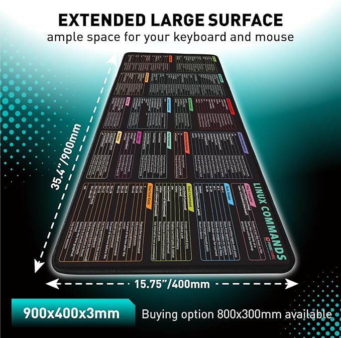 Linux Commands Line Mouse pad - Extended Large Cheat Sheet Mousepad. Shortcuts to Kali/Red Hat/Ubuntu/OpenSUSE/Arch/Debian/Unix Programmer. XXL Non-Slip Gaming Desk mat