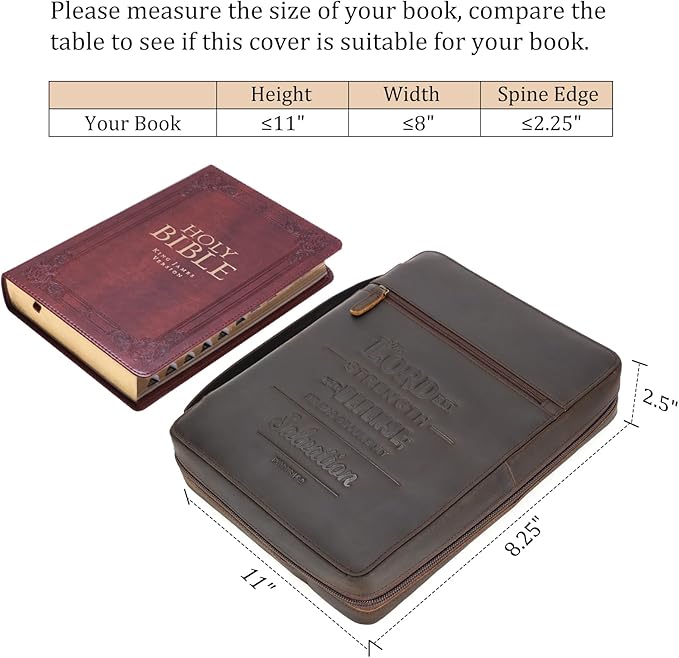 Polare Full Grain Cowhide Leather Bible Cover Church Bag Bible Protective Book Holder Carrying Case Folder Organizer Portfolio (Dark Brown(Lord is My Strength & Defense))
