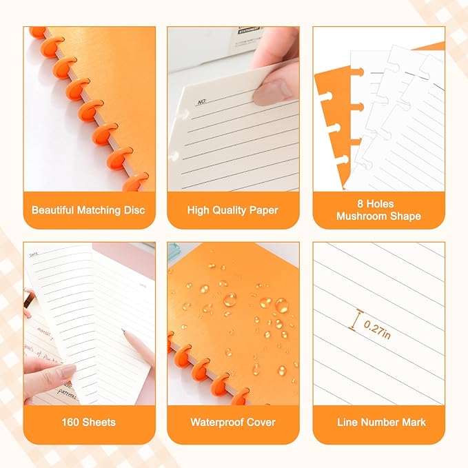 Discbound Notebook, 8-Disc Disbound Planner with Removable Pages, 180 Pages Spiral Notebook, Poly Cover Discbound Planner for Work, Travel, Note Taking(With Index Sticker),Orange,A5