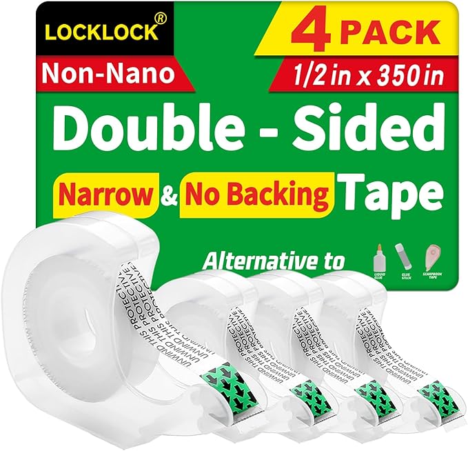 LOCKLOCK Double Sided Tape Light Duty, 4 Pack, 1/2 x 350 inches, Narrow Double Stick Tape with Dispenser for Crafts, Arts Projects, Gift Wrapping, Office and School Supplies, Clear.