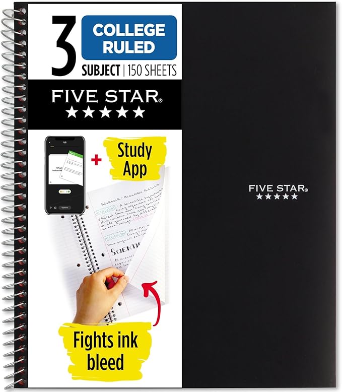 Five Star Spiral Notebook + Study App, 3 Subject, College Ruled Paper, Fights Ink Bleed, Water Resistant Cover, 8-1/2" x 11", 150 Sheets, Black (72069)
