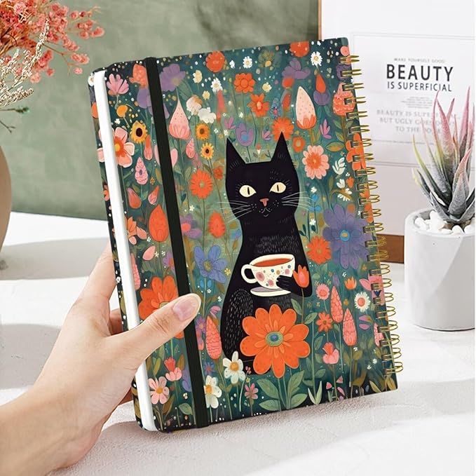 Spiral Notebook - A5 Spiral Notebooks, 8.3'' × 5.8'', 160 Pages, Aesthetic Journaling Notebooks for Women, College Lined Notebook with Elastic Closure, Back Pocket, for School Office, Cat flower