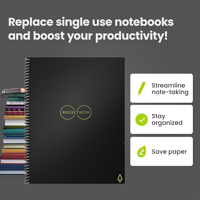 Rocketbook Core Reusable Spiral Notebook, Letter Size 8.5x11, Black - Lined Pages, App-Connected, Erasable, Durable Cover, Ideal for School, Work, and Creative Projects