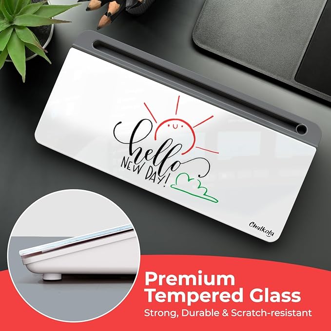 Chalkola Glass Desktop Whiteboard with Storage - Dry Erase Board, Work Desk Organizers, Computer Keyboard Stand, Home Office Desk Accessories, Small White Board, Workspace Desktop Buddy + 3 Markers