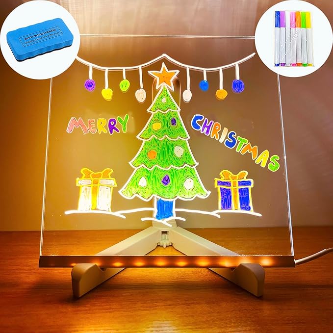Acrylic Led Dry Erase Board - Creative Rewritable Message Center Board - Regularly Led Note Board with Colour Pens - Light up a Glow Memo Board Note with 7 Pen - Free Eraser Easy to Clean