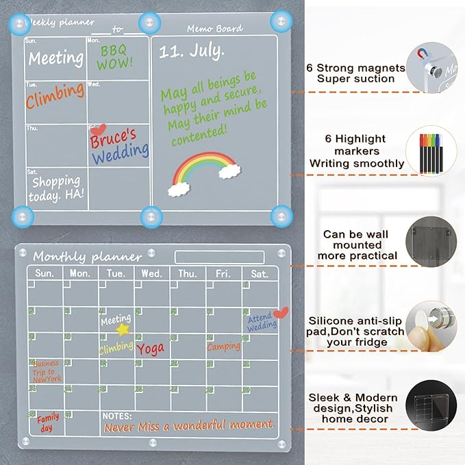 Magnetic Acrylic Calendar for Fridge,3 Pack 12"x16" Clear Fridge Calendar Dry Erase Magnetic Planning Boards Set Includes 6 Colorful Highlight Markers,Magnetic Pen Holder and Erase Towel