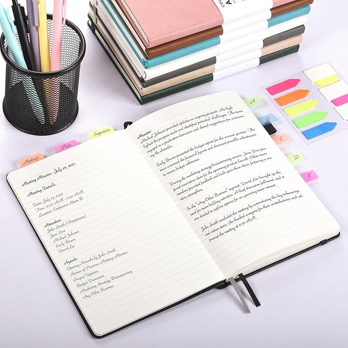 OMEYA Lined Journal Notebook, 3 Pack A5 College Ruled Notebooks for Work, Hardcover Notebook Each with 2 Pockets & Pen, Leather Journal for Women, Men, 160 Pages, 100GSM Thick Paper (Grey)