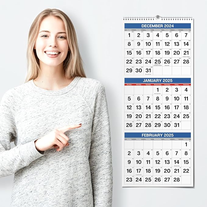 Dunwell Three Month View Calendar 2025 (Blue), 11x26" Open, 3-Month Wall Calendar Vertical, Use to December 2025, Tri Panel Calendar, Ships Folded