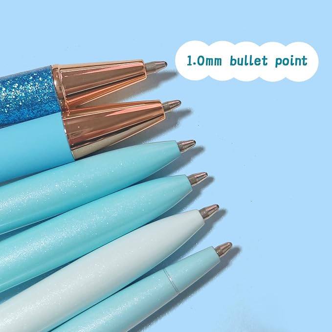 Fancy Pens for Women, 6 Pcs Blue Pens Ballpoint Pens Bulk, 1.0mm Medium Point Black Ink Pens for Note Taking, Cute Pens Smooth Writing Pens Gifts for Nurse Teacher (Blue)