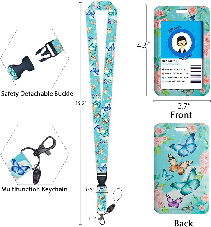 GIANCOMICS ID Badge Holder with Breakaway Lanyard, Cute Butterfly Lanyards for ID Badges ID Card Holder, Retractable Badge Reel Clips Heavy Duty Keychain Badge Lanyard, Teacher Nurse Work Office Gifts