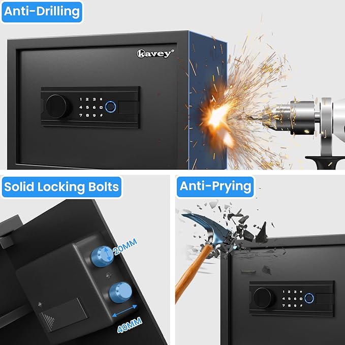 Kavey 0.8 Cub Safe Box, Biometric Safe with Backlit Touch Screen Keyapd and Fingerprint Lock, Home Safe with Dual Alarm System and Mute Function, Small Safe Box for Money Documents Valuables, K-25W