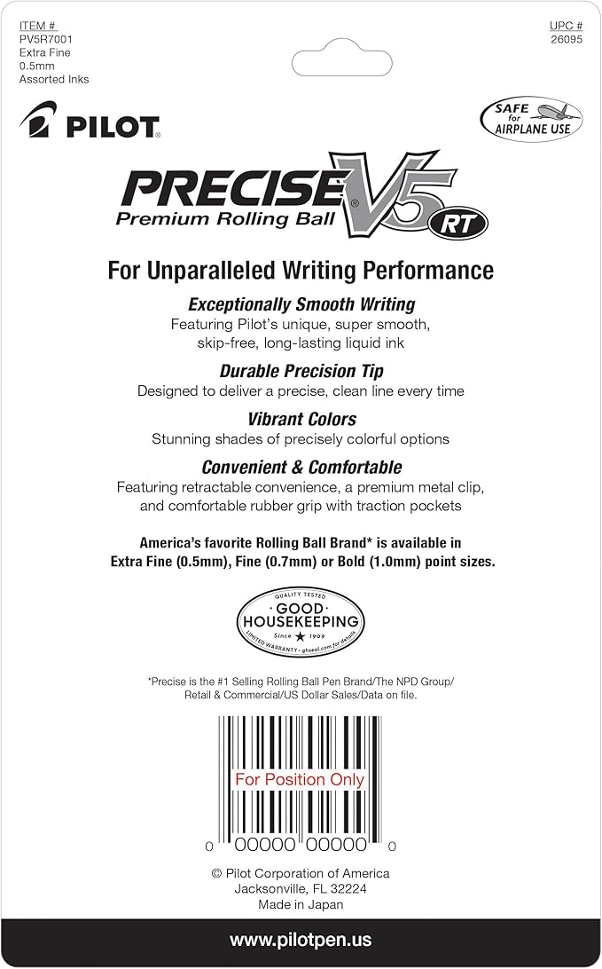 Pilot, Precise V5 RT Refillable & Retractable Liquid Ink Rolling Ball Pens, Extra Fine Point (0.5 mm) Assorted Ink Colors, Pack of 7