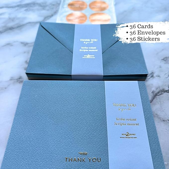 RUN2PRINT (36 Pack Thank You Cards With Envelopes & Stickers - Elegant Blue - Emboss Gold Foil Pressed - Blank Notes Wedding, Bridal, Baby Shower, Business and Formal All Occasion Cards