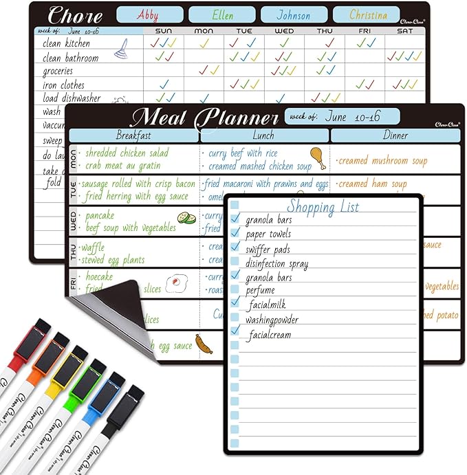 Magnetic Dry Erase Chore Chart and Menu Board - 8.5"x13" Chore Board and Meal Planner for Fridge - 6.5"x8.5" List Board and 6 Extra Fine Point Markers Included - Shipped Flat