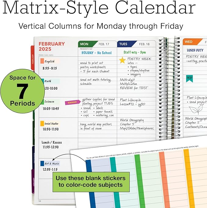 Aug 2024-Jul 2025 Deluxe Teacher Planner Notebook 8.5x11 Daily Weekly Monthly Organizers with 7 Periods, Pocket Folder, Dated Calendar, Page Tabs, Bookmark and Planning Stickers (Tree Seasons)