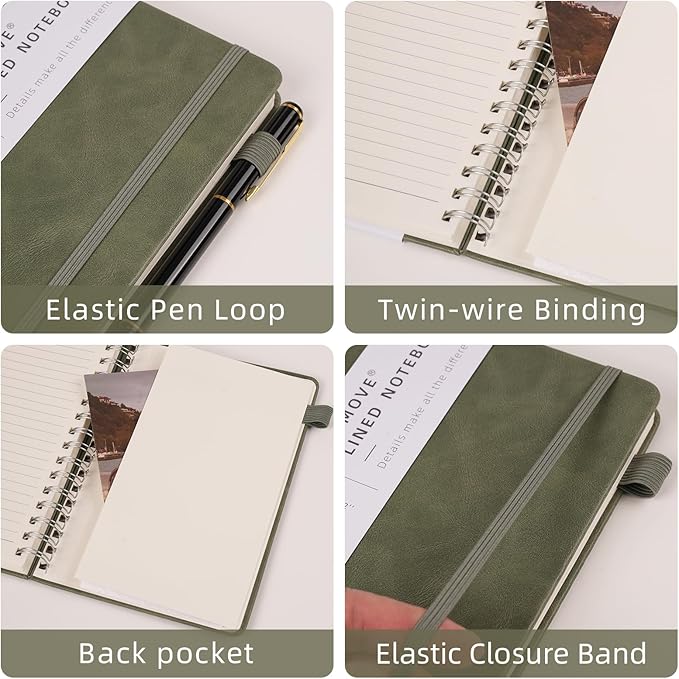 Lined Spiral Notebook Journal for Women Men 160 Pages A5 College Ruled Hardcover Leather with Pen Holder Notebook Journals for Note Taking Work Green