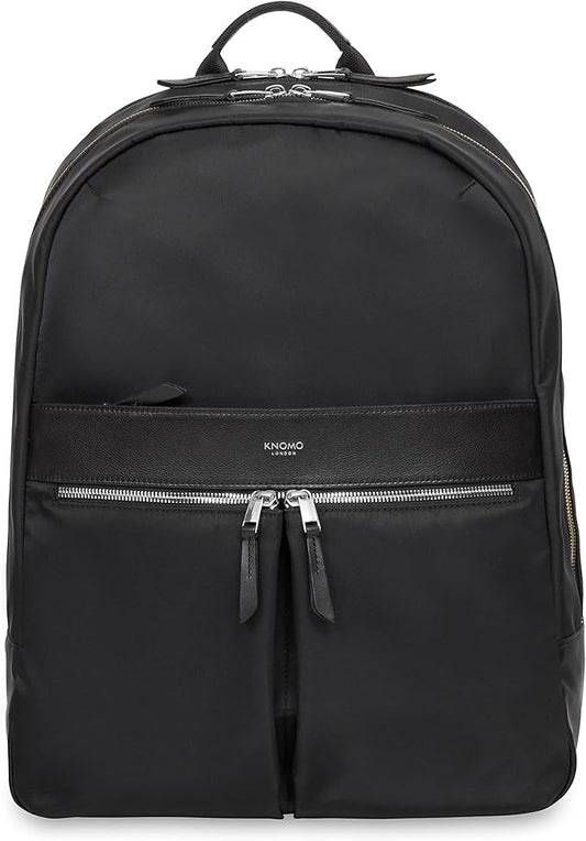 KNOMO Beaufort 15.6" Laptop Backpack Work Bag Purse Large Travel Rucksack with Silver Zip, Black