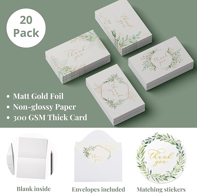 20 Eucalyptus Matt Gold Foil Greenery Thank You Cards with Envelopes & Stickers 4x6 Inch, Bulk Thank You Notes, Suitable for Business, Baby Shower, Wedding, Graduation, Bridal Shower, Funeral