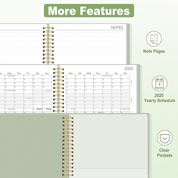 SUNEE 2025-2026 Monthly Planner - 24 Months (Jan 2025 - Dec 2026) Monthly Planner - 7"x10" Monthly Spreads & Yearly Planner, Sage Green