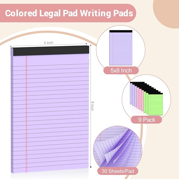 Legal Pads 5x8 Small Note Pads Colored Notepad, 9 Pack, Narrow Ruled Lined Paper, Micro Perforated Writing Pads Memo Pad, 30 Sheet/Note Pads, Notebook Paper Tablet for School, Colored Legal Pad 5x8''